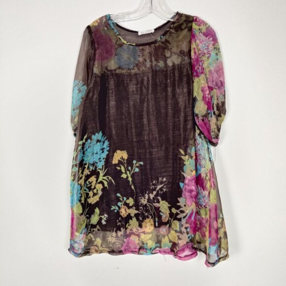 HuaSiJie Womens Blouse Sz L Brown Floral Sheer Lined Cotton Blend